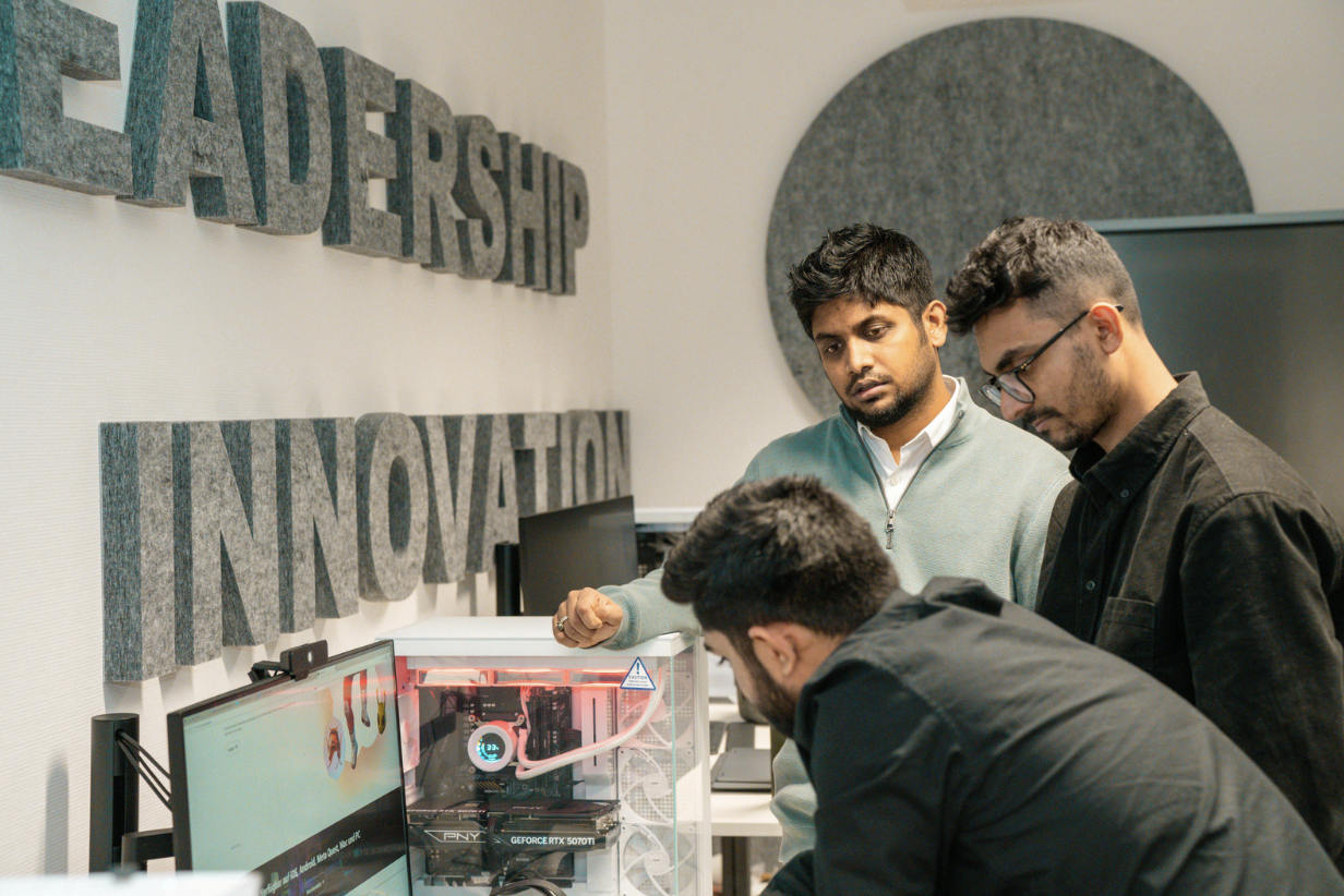 Atom model orbiting, digital backdrop, science, technology